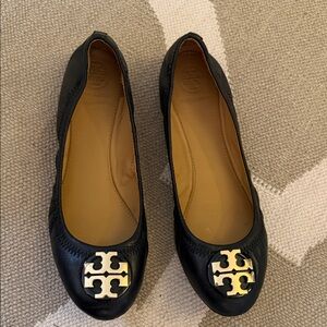 Tory Burch Black Flats with Gold Logo